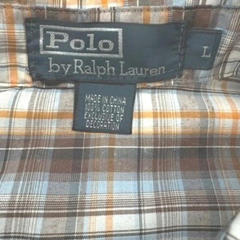 Polo Ralph Lauren Shirt Large Plaid S/S Snap Button Down Cotton Brown Blue L